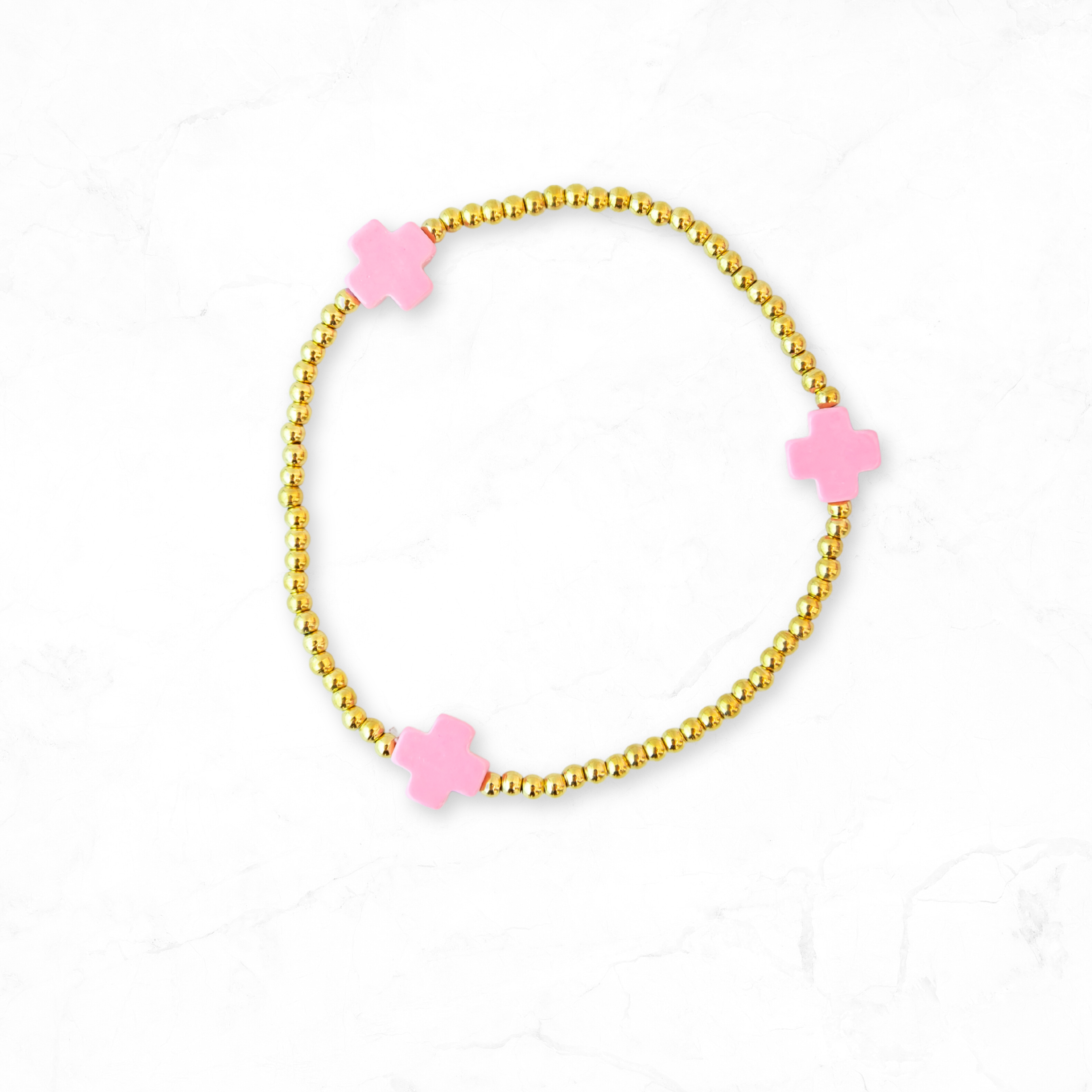 Golden Thread - Wholesale Beaded Bracelet - Gold Beaded Pink Cross Bracelet0