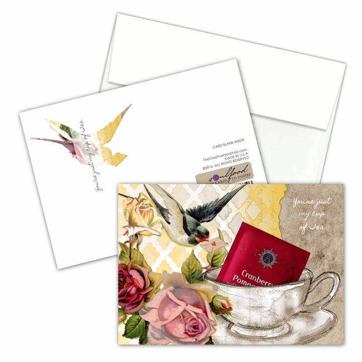 The Creative Idea Shop – Großhandel Grußkarten für den Alltag – TEE-GRUSSKARTEN-SAMMLUNG MIT ECHTEN TEEBEUTELN, VÖGEL UND BLUMEN