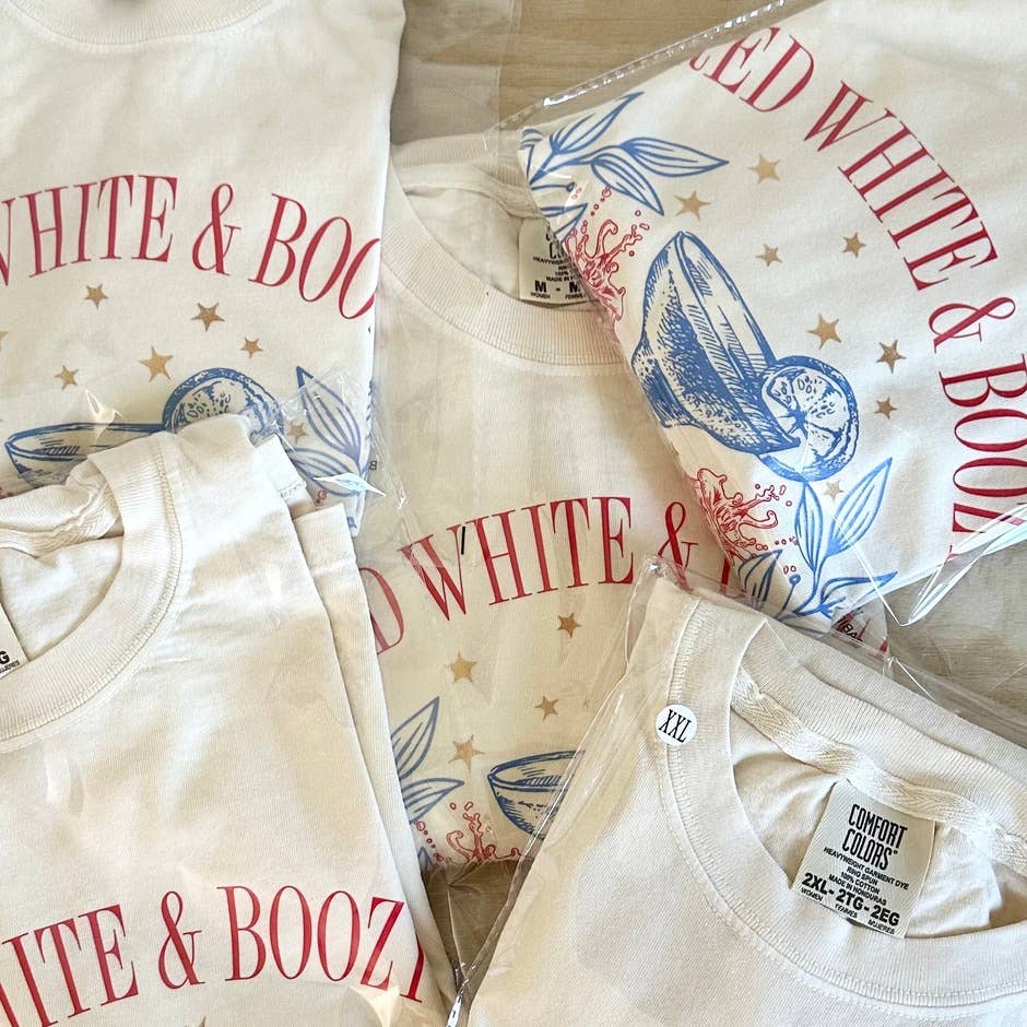 Rags Revived - Wholesale Screen Printed T-Shirt - Women's - Red, White, & Boozy 4th Of July Cropped T-Shirt2