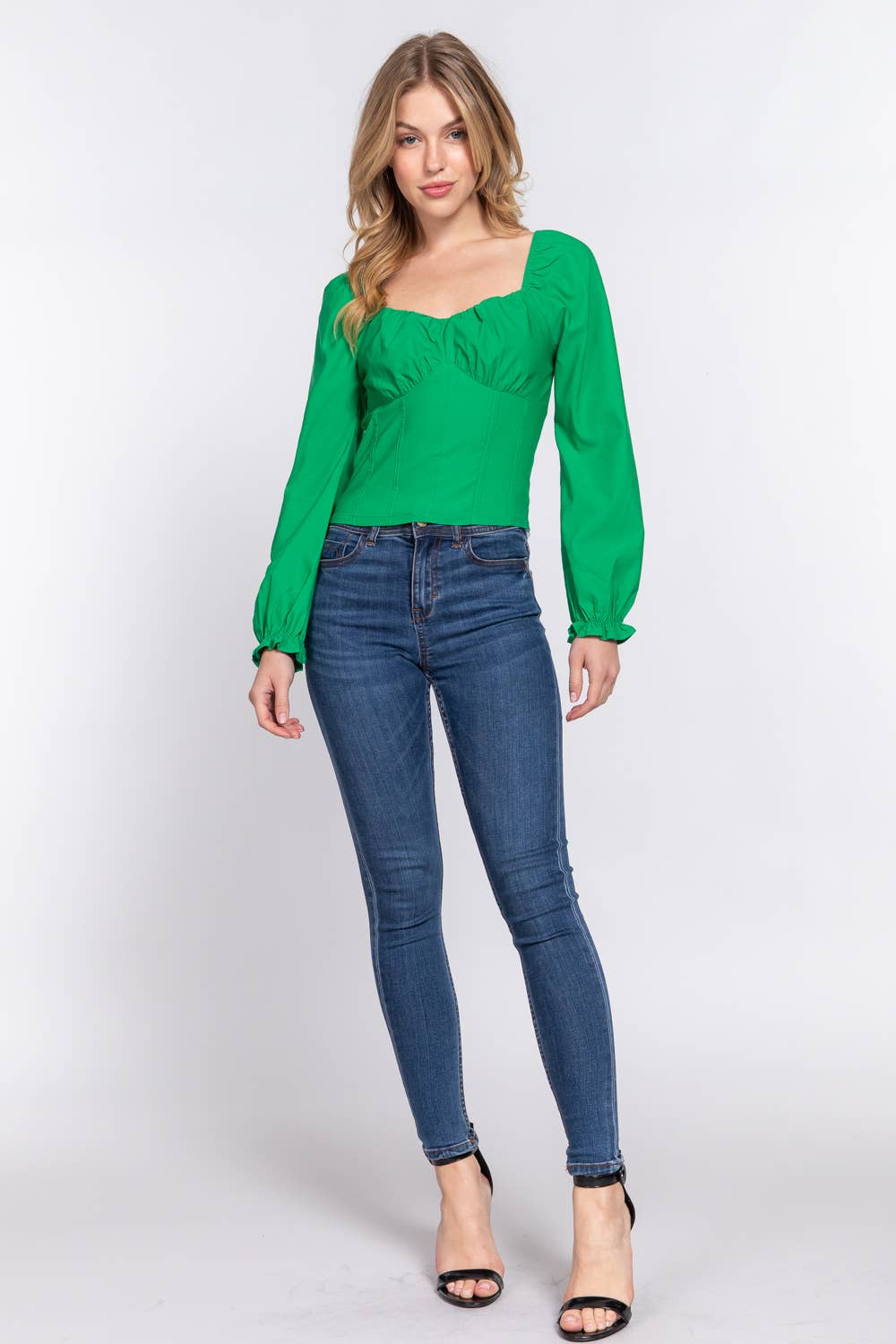 Active Basic | Active USA - Vendita all'ingrosso Camicetta - Donna - Top a bustino elasticizzato con scollo a cuore a maniche lunghe16