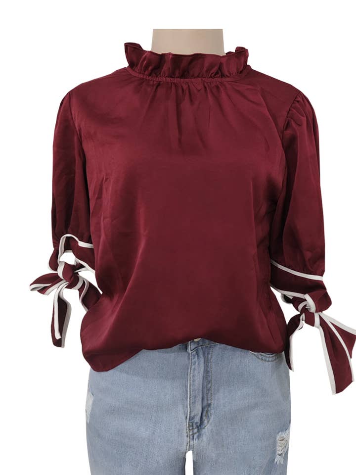 WineRed Mock Neck Contrast Bow Detail Blouse Top for wholesale on Faire1