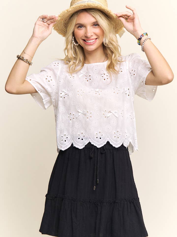 SHORT SLEEVE EYELET EMBROIDERED BLOUSE- LET4206 for wholesale by Madelyn