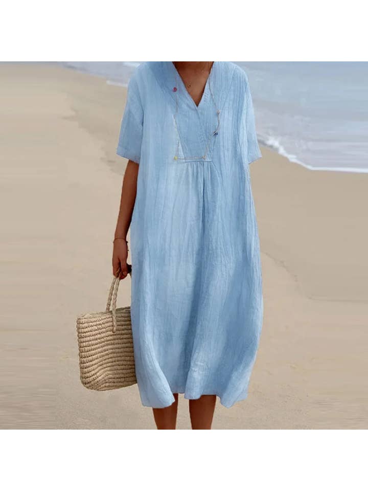 pinkblu02 – Engroshandel Kjole - Dame – Kvinder Casual Ensfarvet V-hals Bomuld Linned Kjole6