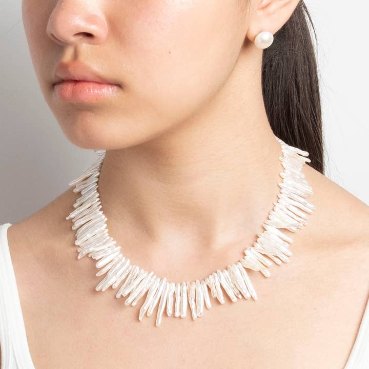 Stunning White Stick Pearl Collar Necklace, Sterling Silver for wholesale by Naturagems