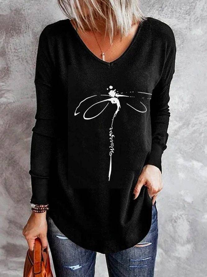 Black Dragonfly Printed Knitted Long Sleeve Top for wholesale on Faire0