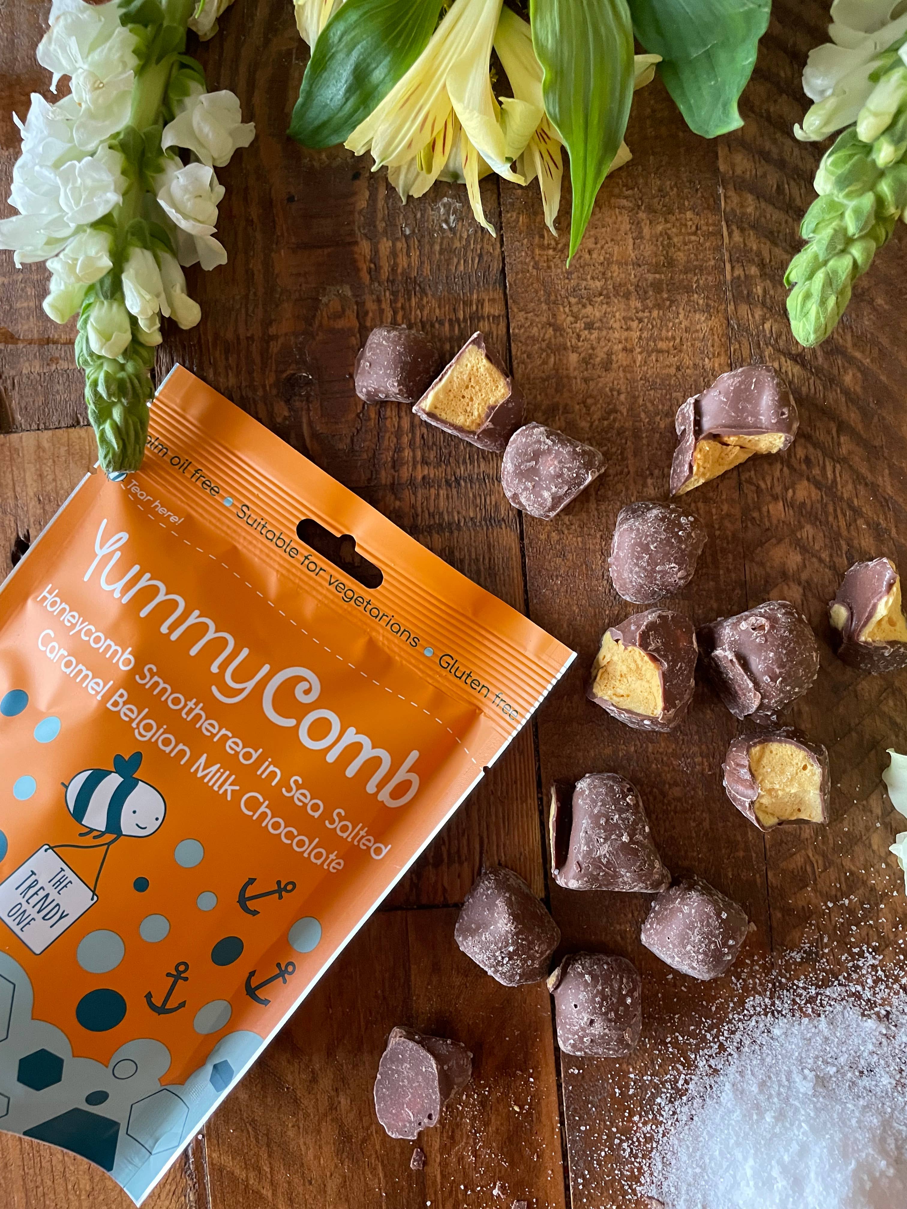 Yummycomb – wholesale Chocolate-covered sweets – 6 x Sea Salted Caramel Belgian Milk Chocolate Honeycomb pouc1