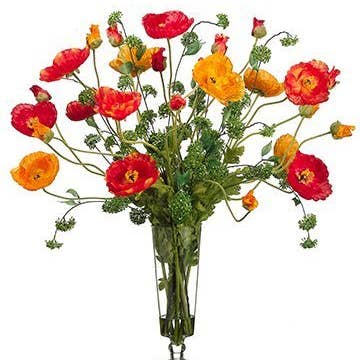 37"H x 39"W x 39"L Large Poppy in Glass Vase Orange Red for wholesale by Silk Flower Depot