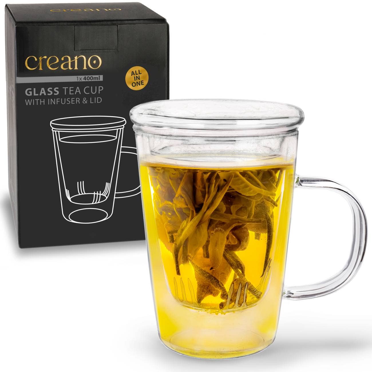 Creano - Wholesale Coffee/Tea Cup - Creano tea glass 400ml - glass tea cup, strainer & lid6
