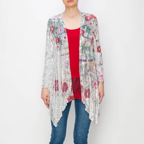 ALL SEQUIN CARDIGAN-4637 SIL-J FL for wholesale by Origami Apparel ~ Lace and Crochet inspired