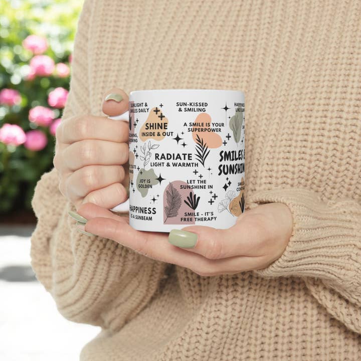 EMESLY - Wholesale Coffee Mug - Smiles & Sunshine Motivational Ceramic Coffee Mug; 11oz/15oz3