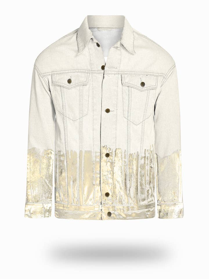 Jaqueta jeans mais longa esbranquiçada com folha de ouro champanhe por atacado de VENIM