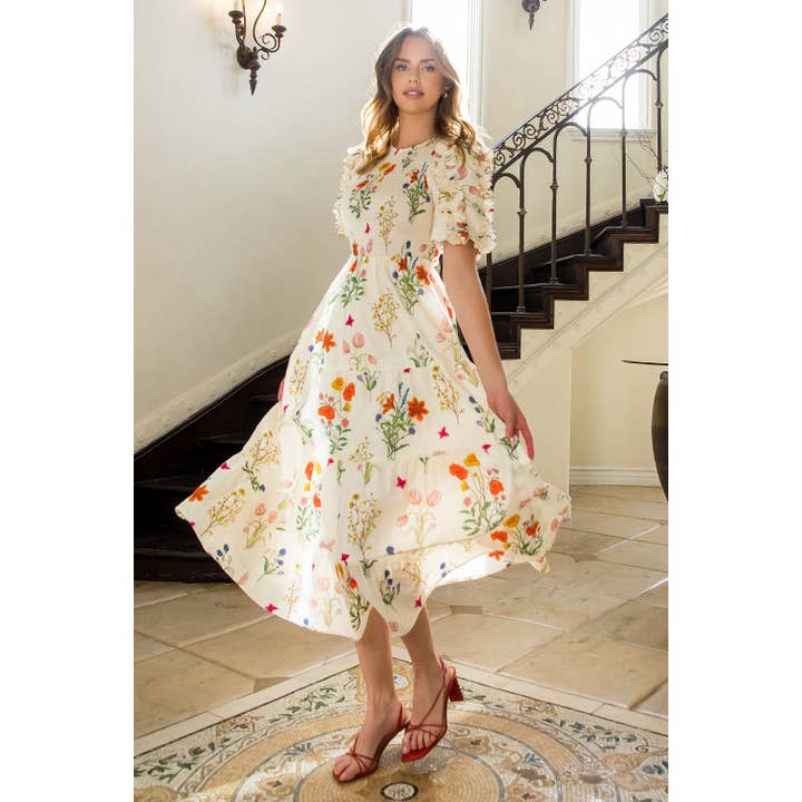 CREAM Smocked Puff Sleeve Floral Maxi Dress for wholesale on Faire