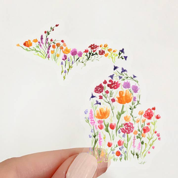 Floral Michigan Watercolor Artwork Vinyl Sticker (Clear) for wholesale by NorthHouse Creative Co.