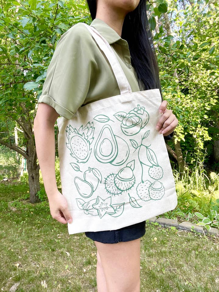 Organic Cotton Canvas Tote Bag with Exotic Fruits Design for wholesale by Artsyvushop