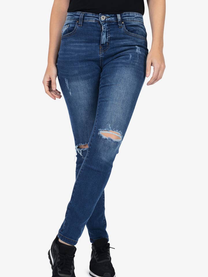 Skinny Fit Mid Waist Ripped Jeans – Deep Blue for wholesale by Five emperors