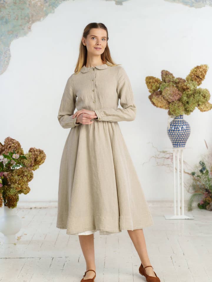 Night Garden Classic – Midi Linen Dress with Peter Pan Collar for wholesale on Faire38