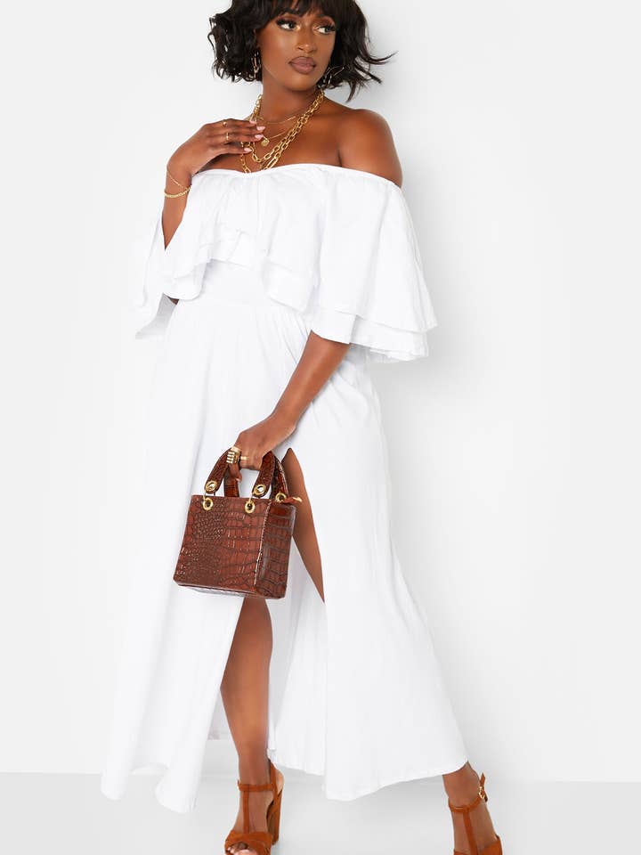 White Rock The Boat Ruffle Over The Shoulder Side Slit Skater Maxi Dress for wholesale on Faire