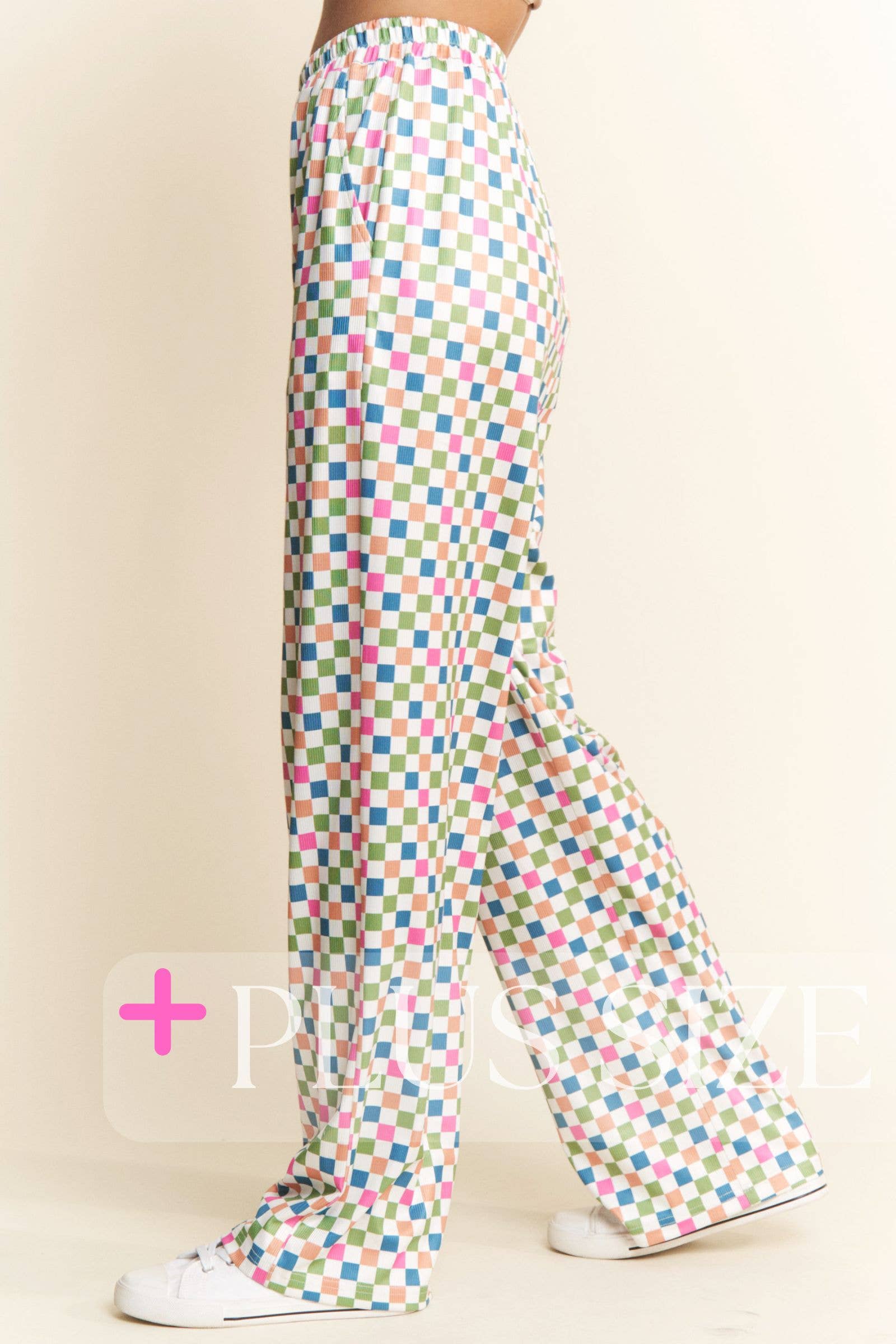 Green Multi PLUS SIZE ~ Retro Checkered Print Full Length Pants for wholesale on Faire2