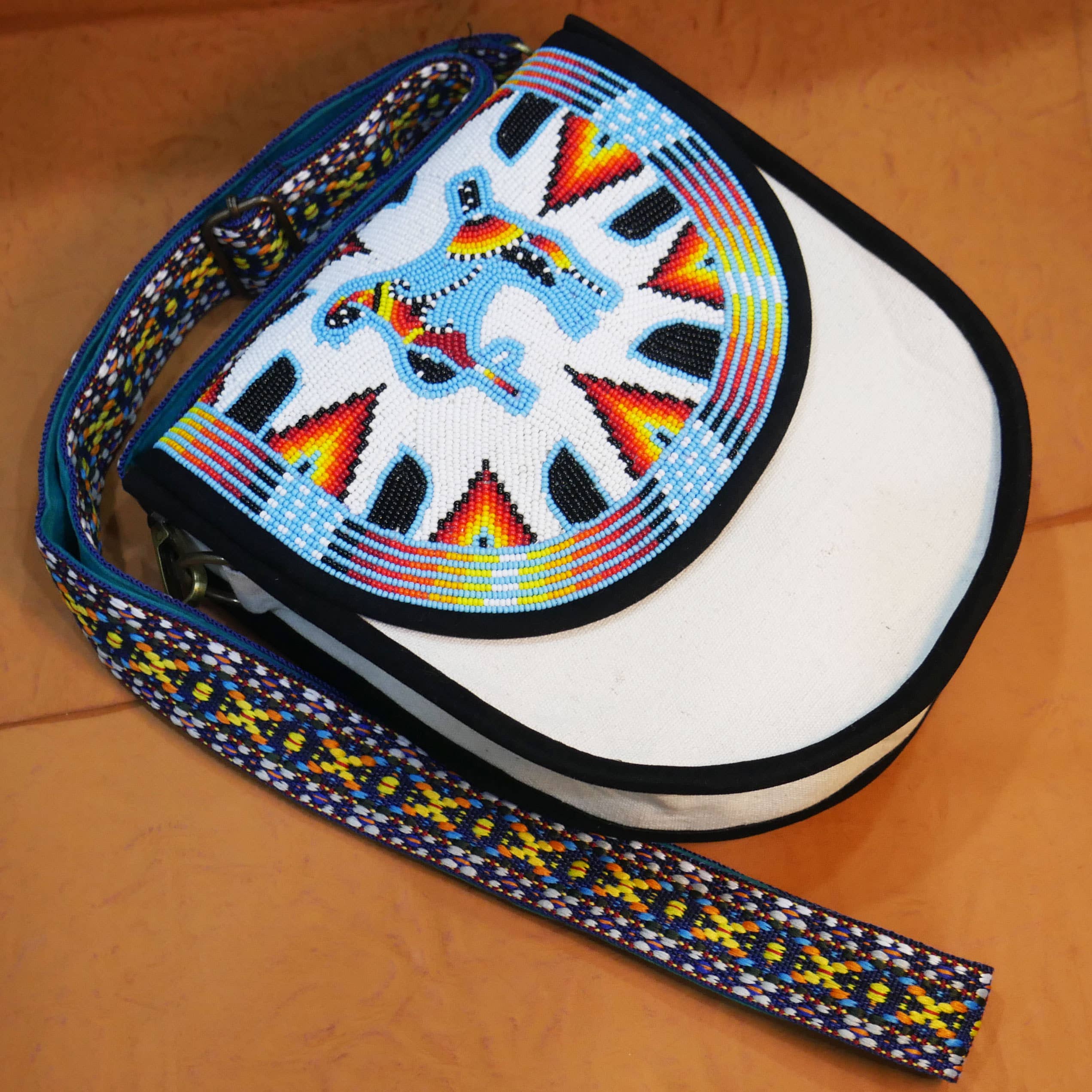 KANGURAH - Wholesale Crossbody Bag - Unisex - Black Bear-paw Native American Beaded Canvas Crossbody Bag5