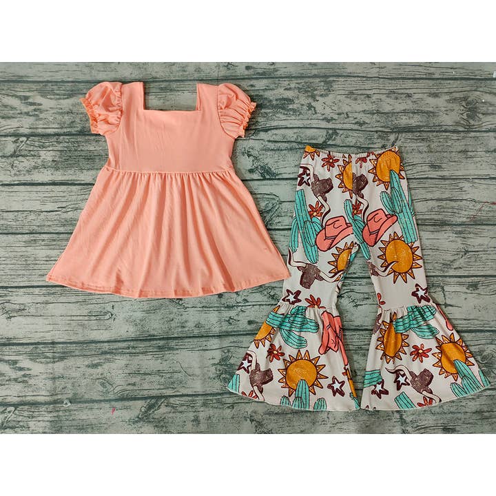 Aier Wholesale - Wholesale Top & Pant Set - Kids - Baby Girls Western Tunic Cactus Bell Pants Clothes Sets1