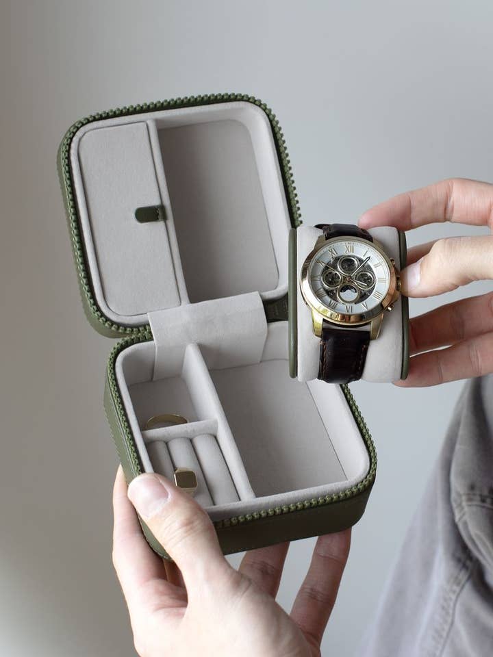 Khaki groene canvas reisetui voor horloges en sieraden voor wholesale door Stackers