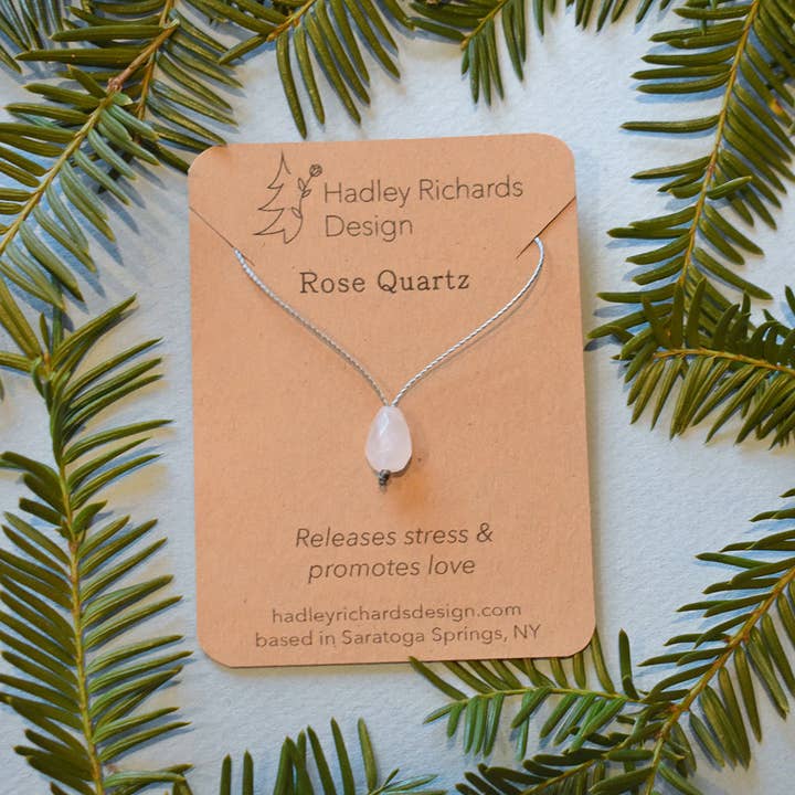 Rose Quartz Drop Gemstone & Gray Cord Necklace for wholesale by Hadley Richards Designs