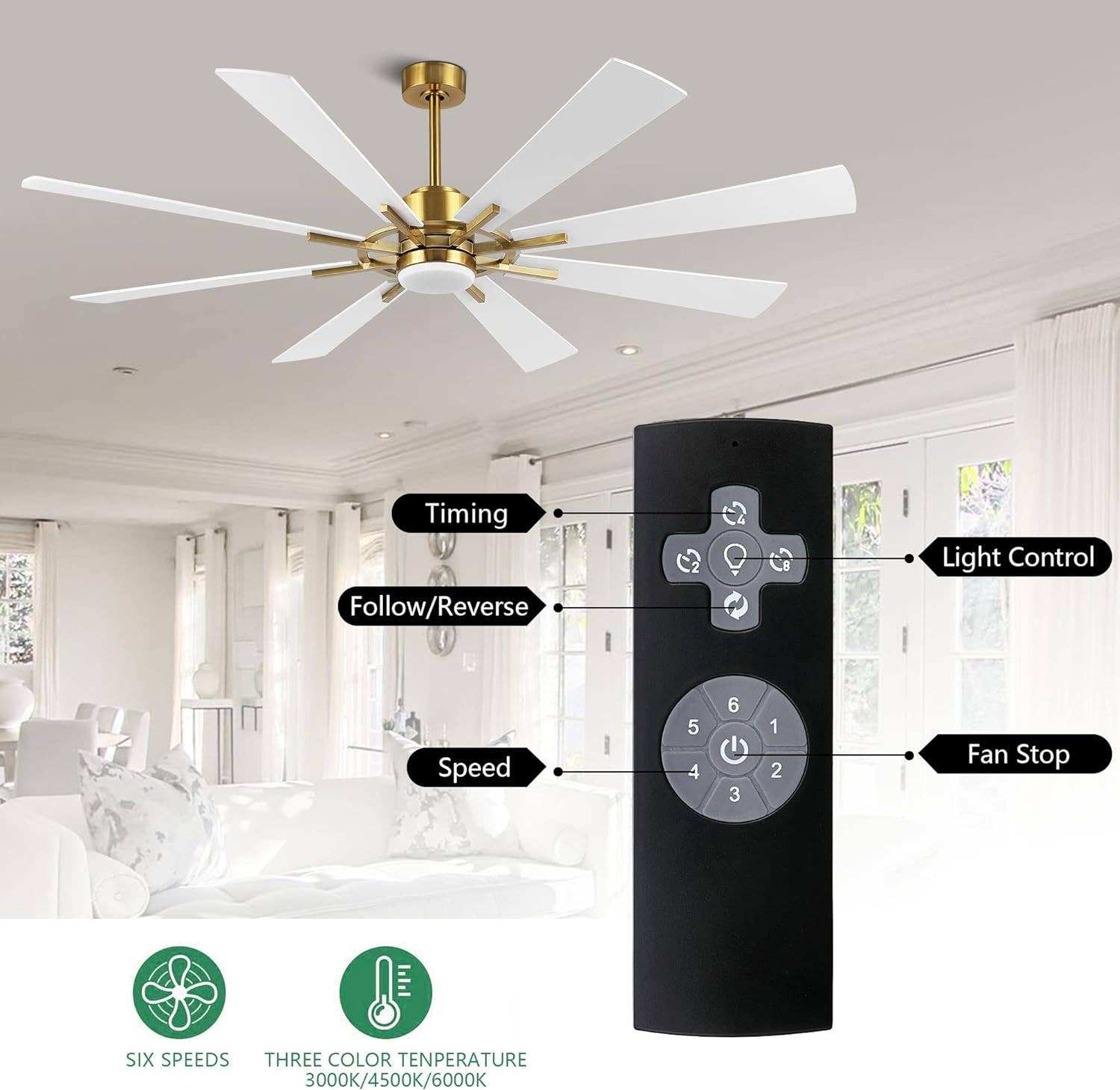 Brio Lighting - Wholesale Ceiling Fan - Ceiling Fan Modern 60" 8-Blade Gold & White with LED Light2