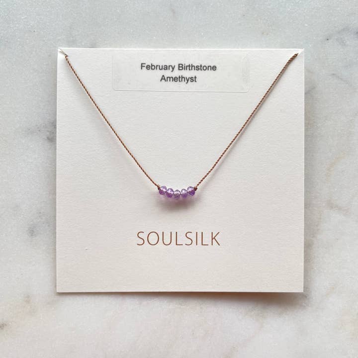 Amethyst Birthstone Necklace, February Birthstone Necklace, Dainty Gemstone Necklace on a Cord for wholesale by Soulsilk