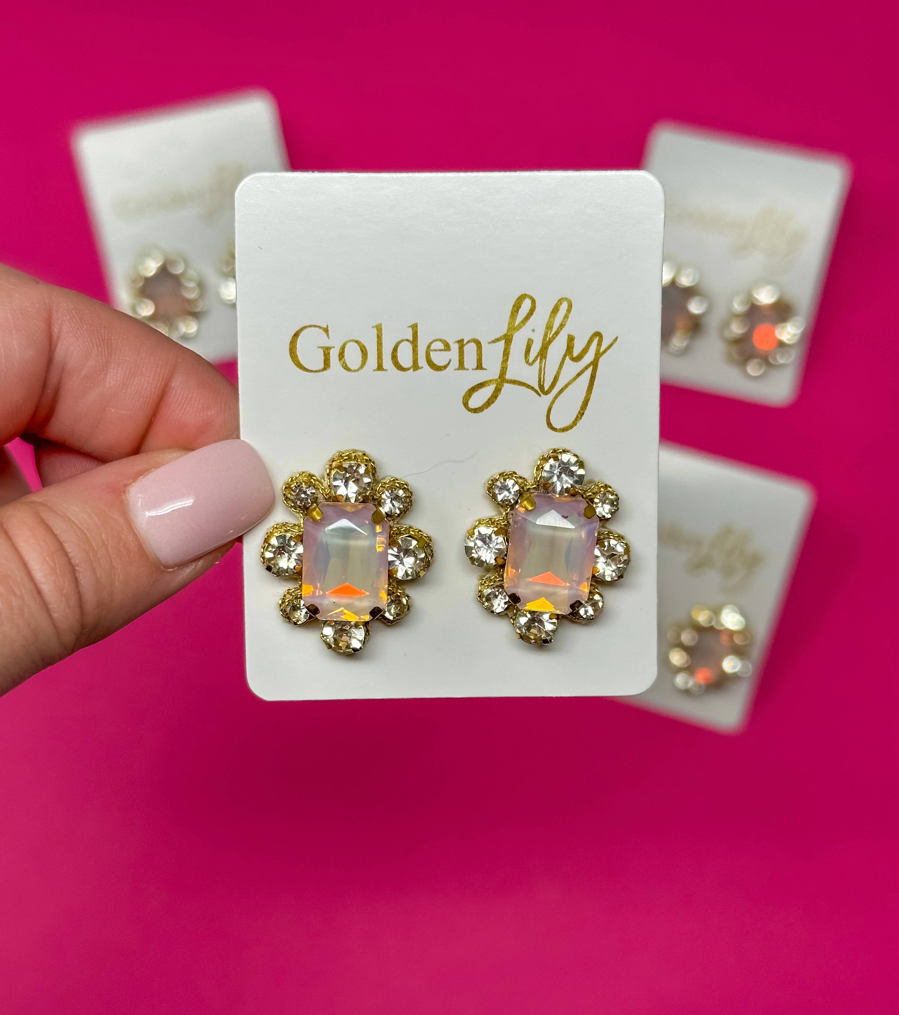 Golden Lily - Wholesale Stud/Post Earrings - Fall Statement Stud Earrings - Pink, Rhinestone, Opal Stones0