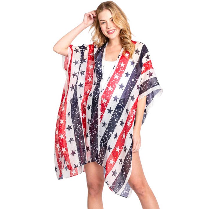 LA Jewelry Plaza - Wholesale Kimono - Women's - Distressed American Flag Mix Printed Light Weight Kimono