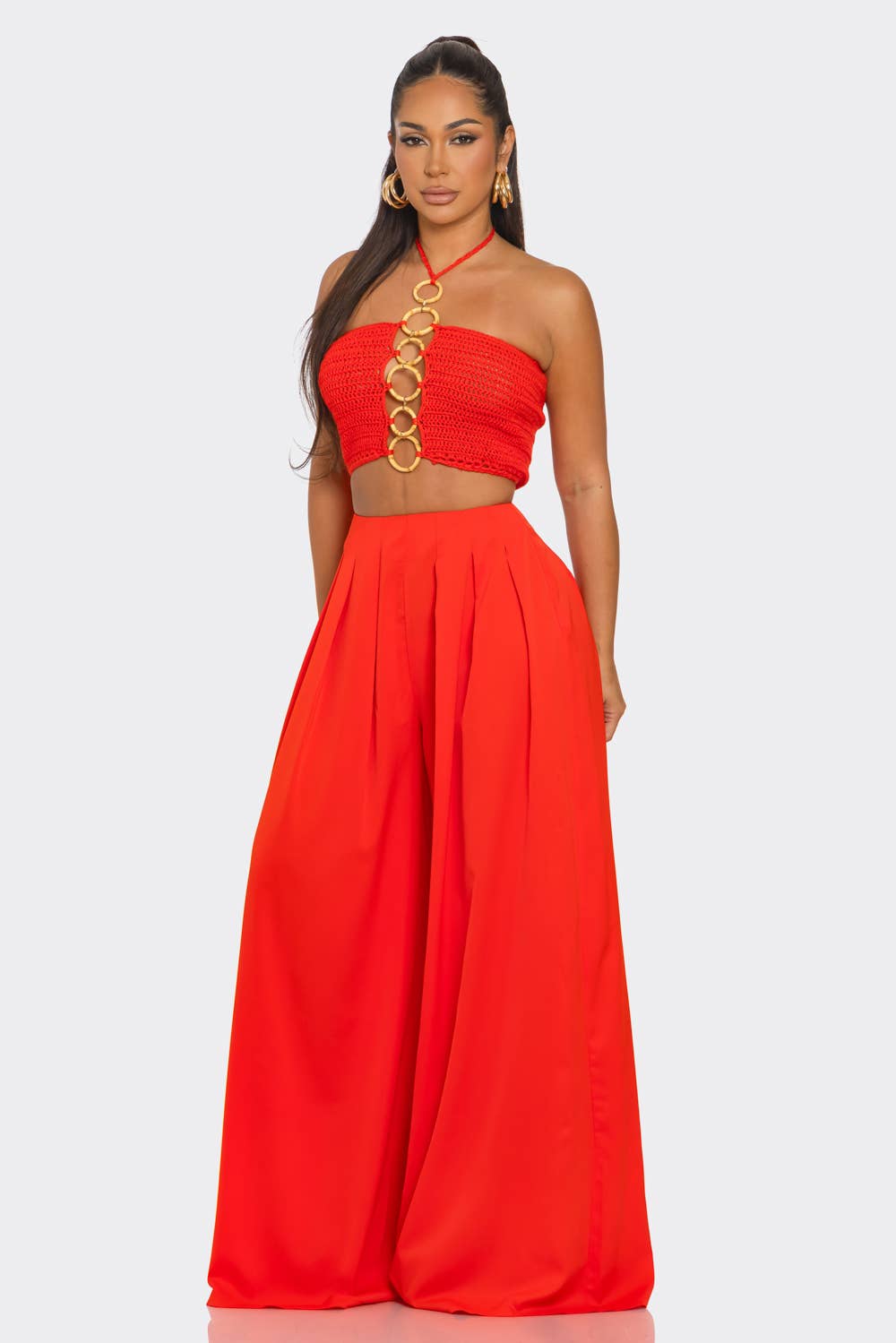 BANJUL – Engroshandel Top- og buksesæt (IKKE Loungewear) - Dame – HCCTPW63350P2&2Pc Halterneck Top Printede Bukser med Vide Ben9