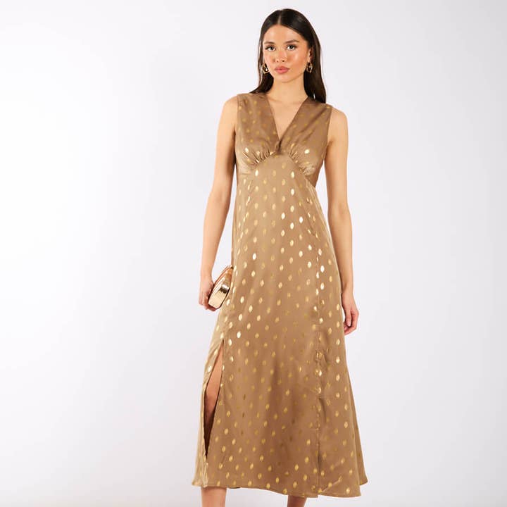 Light Brown Foil Satin Midi Dress for wholesale by Needs No Label