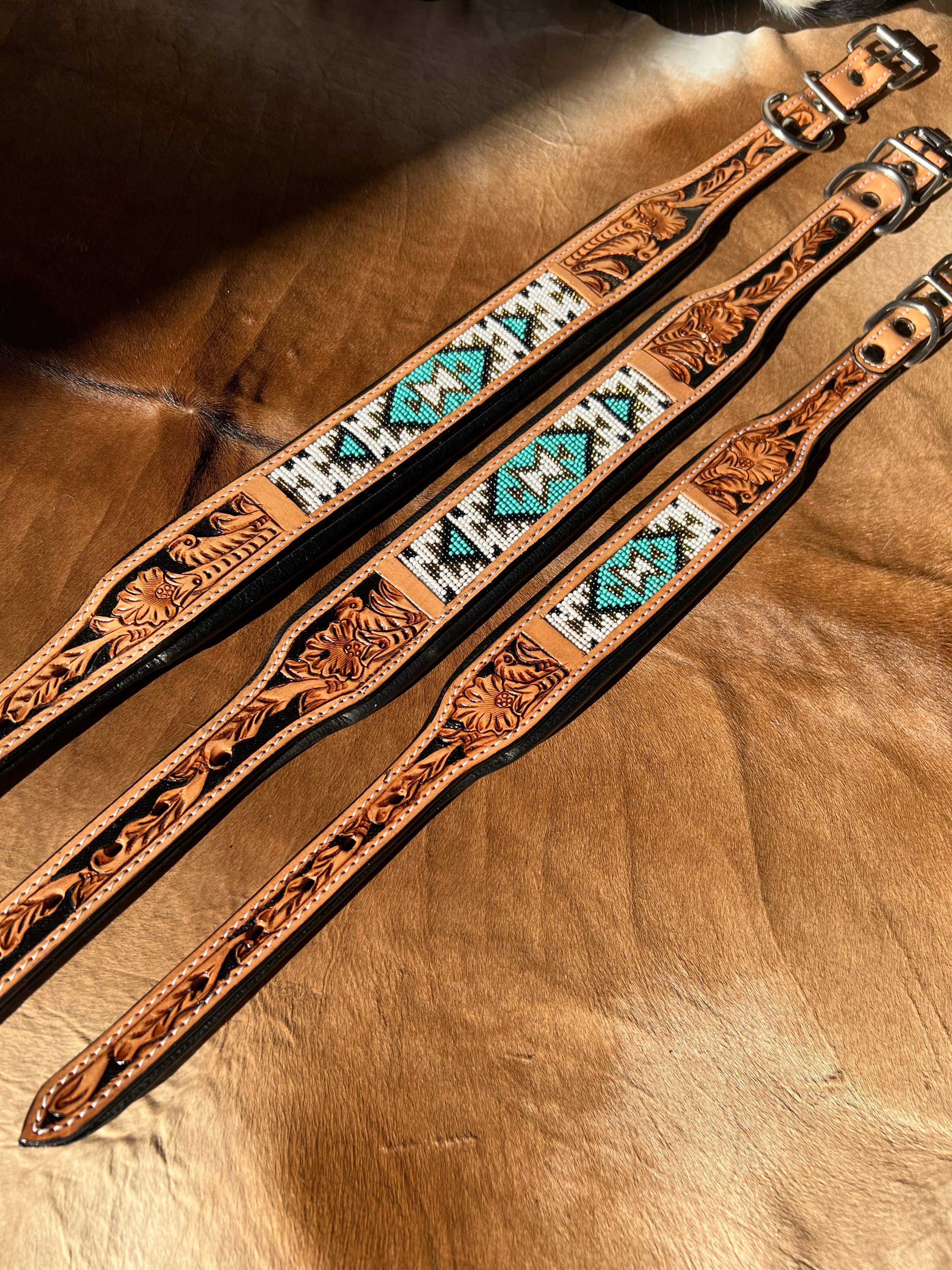 Westrian International - Wholesale Pet Collar - Dog - Southwestern Western Tooled Leather Beaded Dog Collar - Turq7