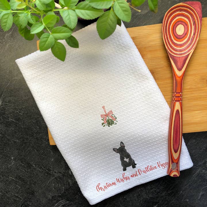 French Bulldog Dog Mistletoe Christmas Kitchen Towel for wholesale by Swanky Bazaar