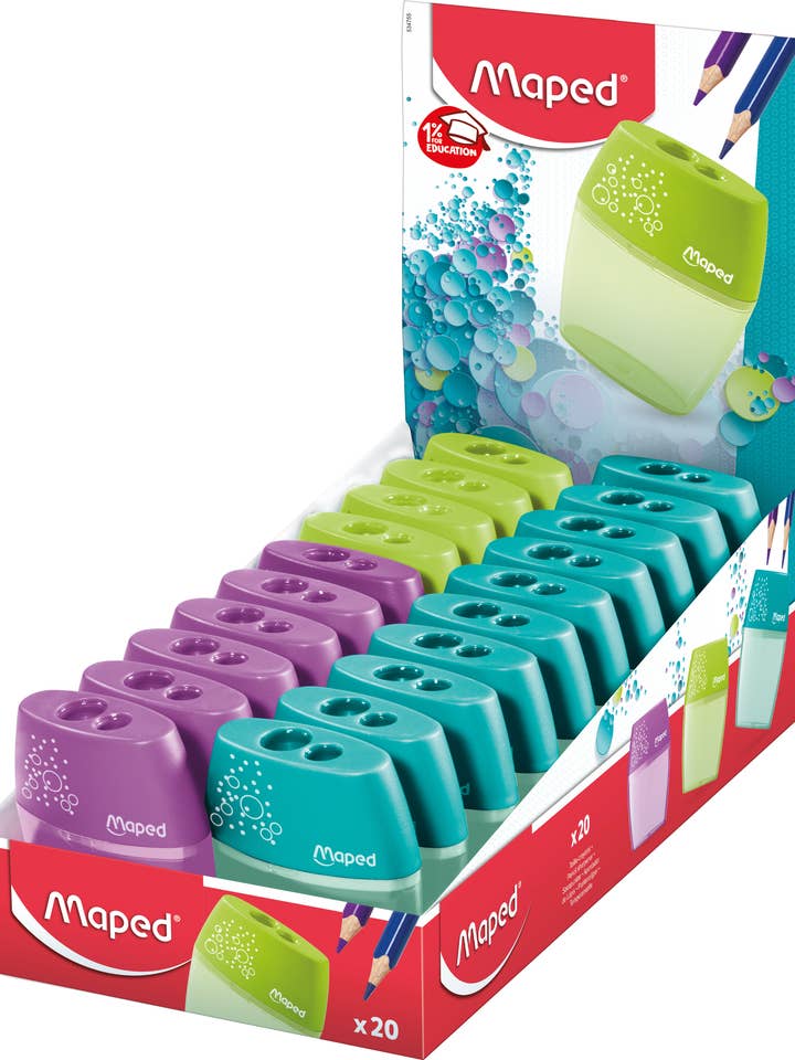 Shaker 2-Hole Canister Pencil Sharpener Display x20 for wholesale by Maped Helix USA