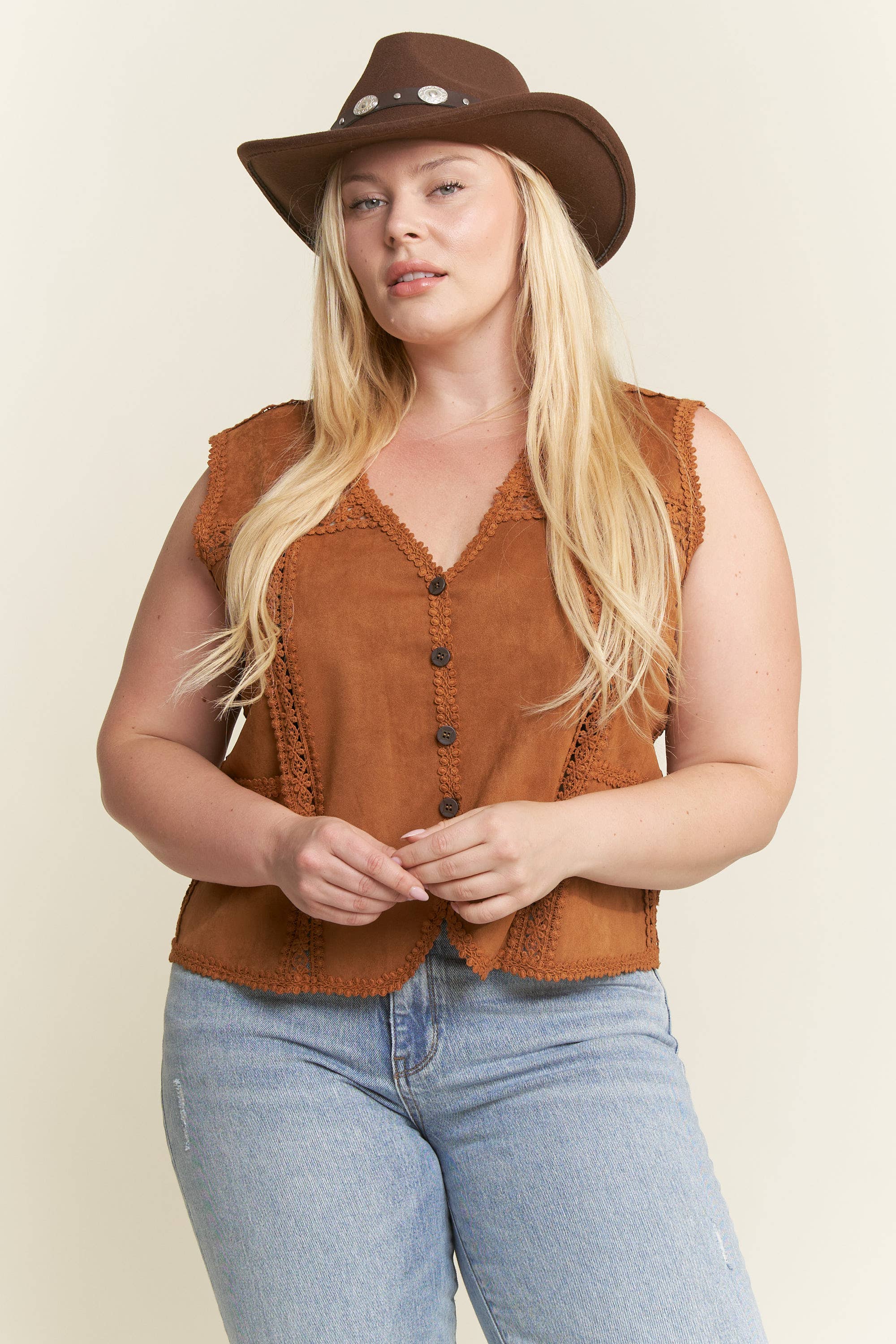 JADE BY JANE PLUS - Wholesale Outerwear Vest - Women's - PLUS SIZE SUEDE VEST WITH LACE TRIM4