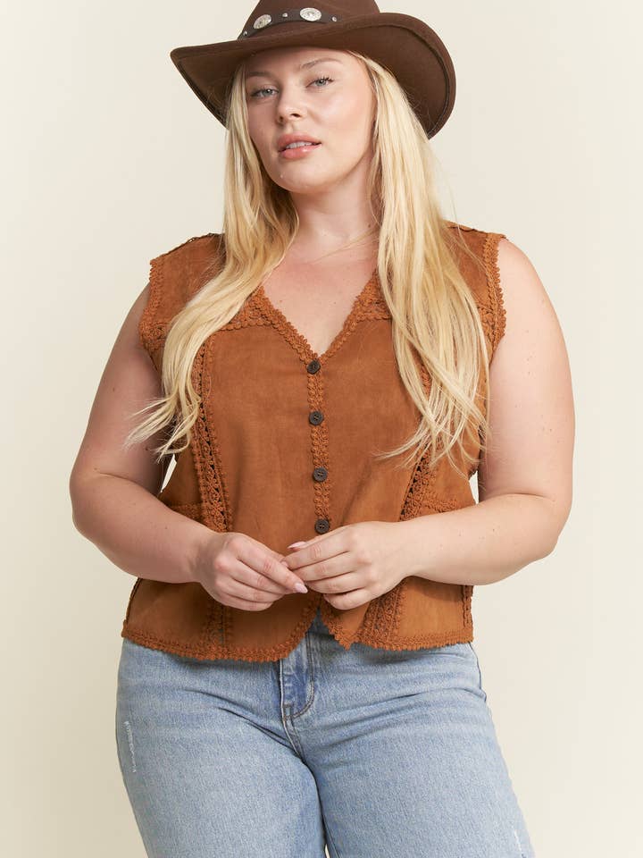 JADE BY JANE PLUS - Wholesale Outerwear Vest - Women's - PLUS SIZE SUEDE VEST WITH LACE TRIM4