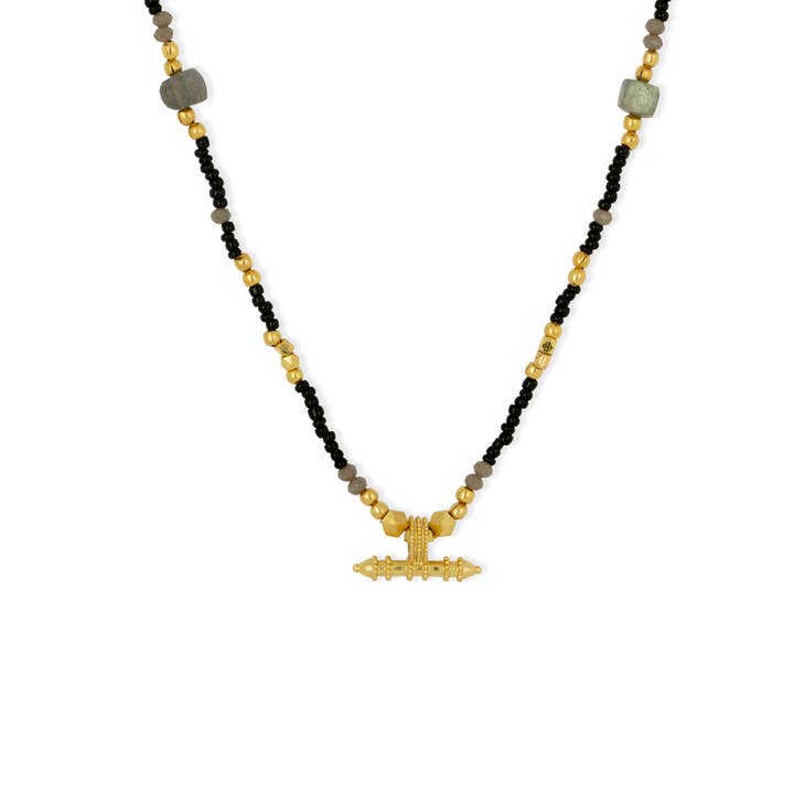 Sadie Black & Grey Beaded Necklace with Gold T-bar for wholesale by Ashiana London