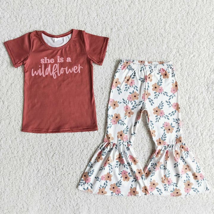 Aier Wholesale - Wholesale Top & Pant Set - Kids - She is a wild flower baby girls bell outfits clothing sets-(