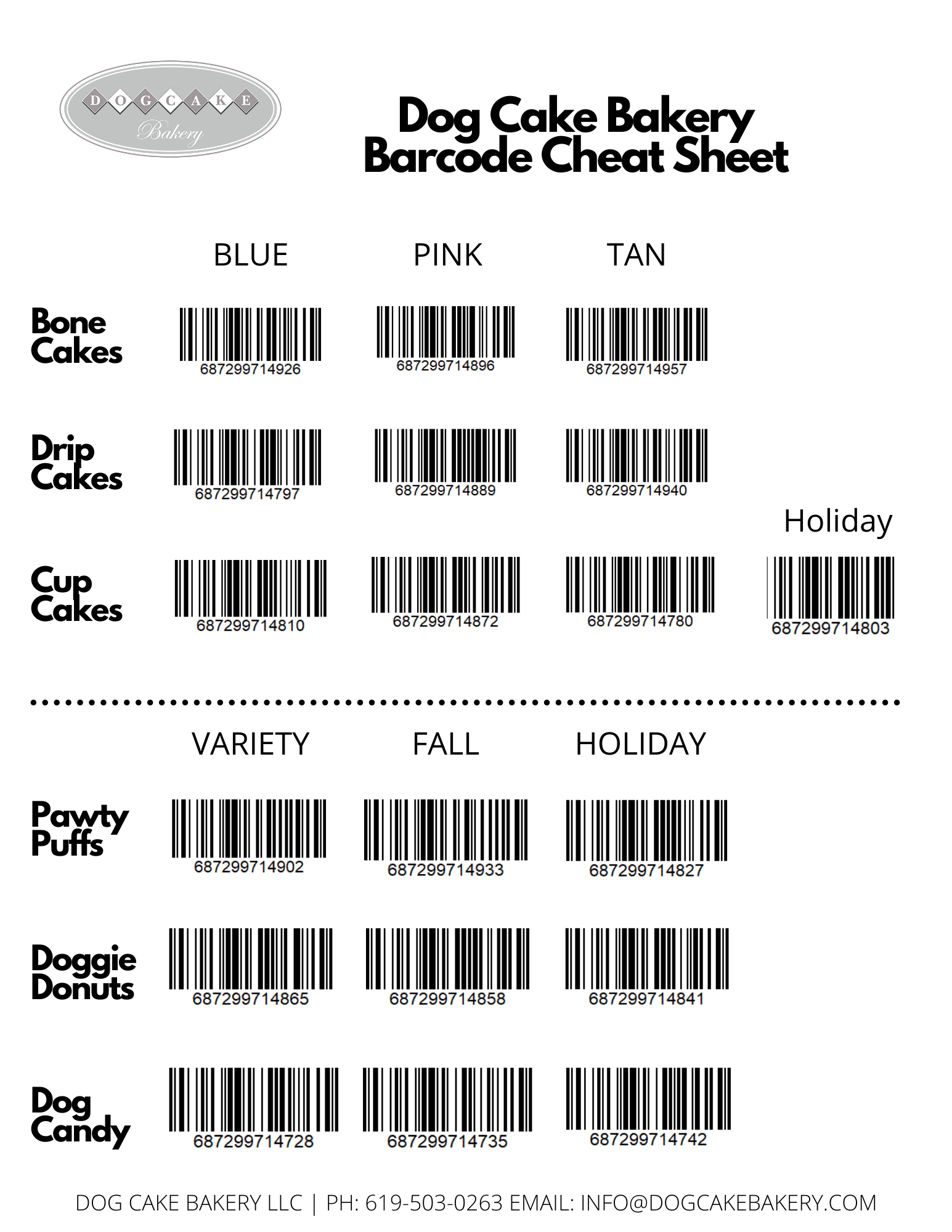 Dog Cake Bakery LLC - Wholesale Pet Treats - Dog - Barcode Cheat Sheet1
