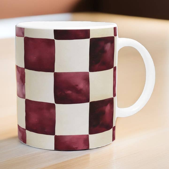Farmhouse Style Burgundy Checkered Ceramic Mug for wholesale by Aminelle & Willow