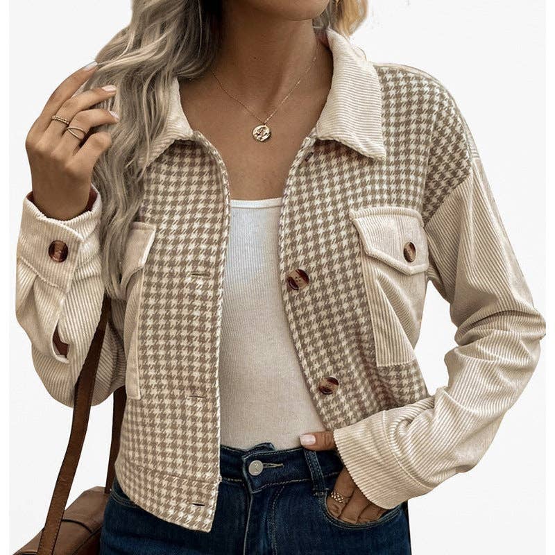 Khaki Women’s Retro Corduroy Splicing Houndstooth Jacket for wholesale on Faire6