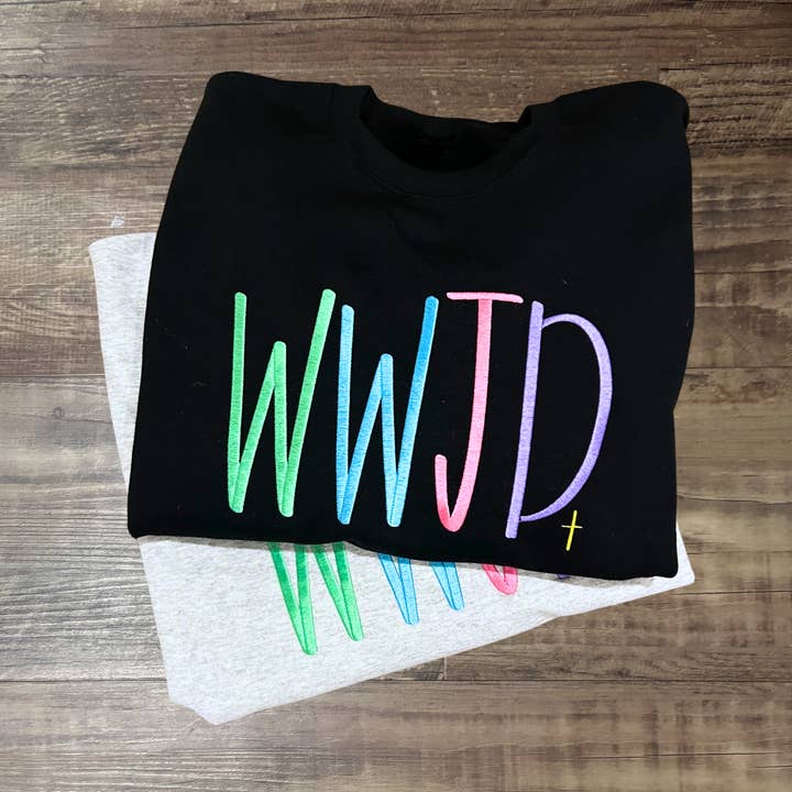 WWJD Embroidered Gildan Crewneck for wholesale by The She Shed Co