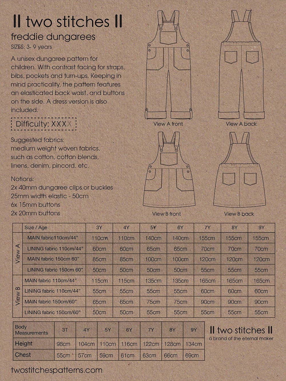 Two Stitches Patterns – wholesale Craft sewing kit – Freddie Dungarees - Sewing Pattern for Childrenswear3