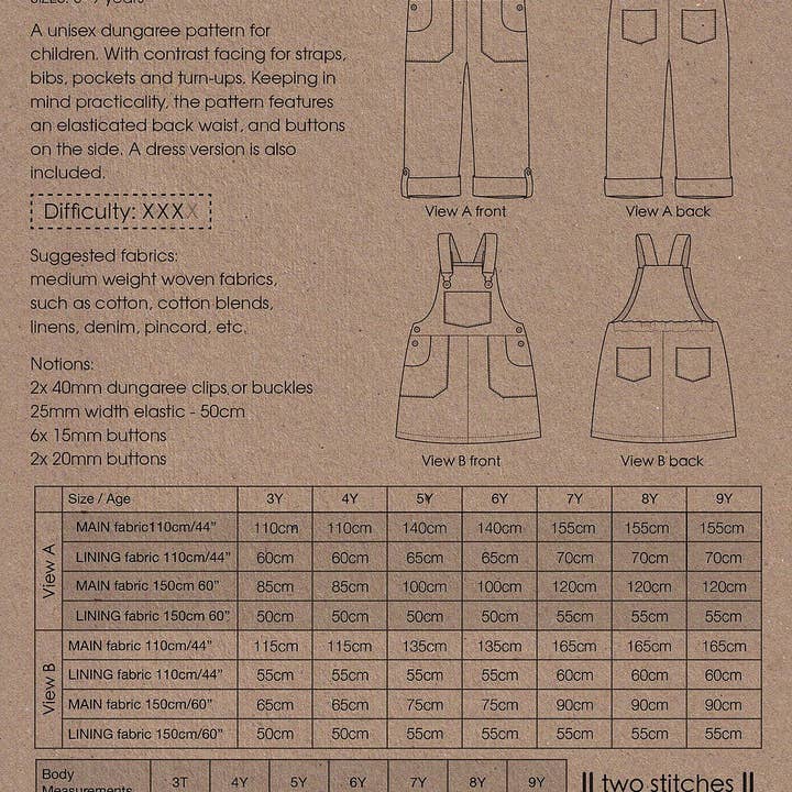 Two Stitches Patterns – wholesale Sömnadskit – Freddie Hängselbyxor - Symönster för barnkläder3