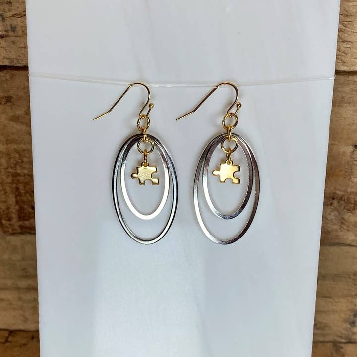 Earth & Sparkle - Wholesale Dangle Earrings - Autism Awareness Oval in Oval Puzzle Piece Earrings