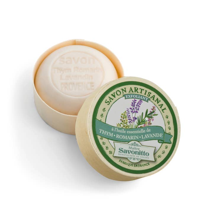 Jabón de tomillo, romero y lavanda en caja de madera 100 g para venta al por mayor de MAITRE SAVONITTO