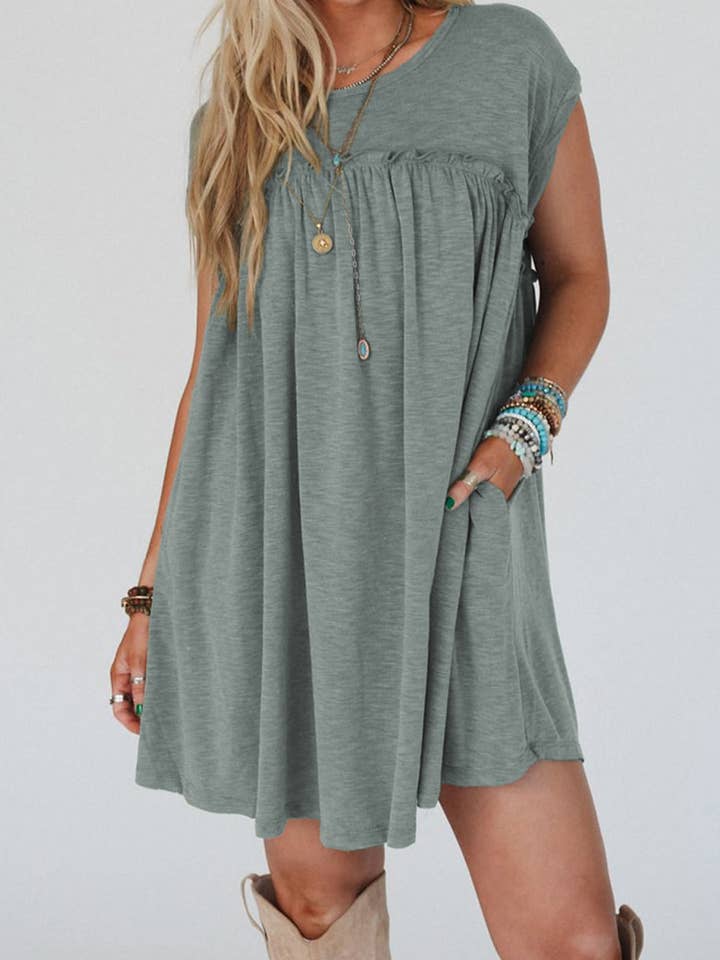 Mist Green Frilled Gathered Seam Round Neck T Shirt Dress for wholesale on Faire4