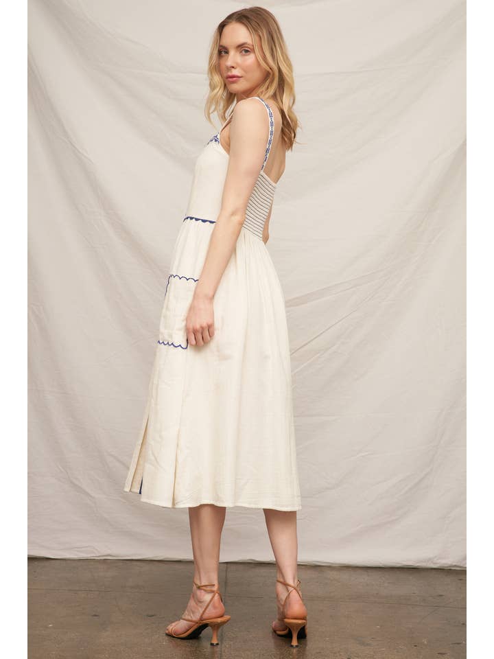 Ivory Blue Button Down Embroidery Midi Dress for wholesale on Faire