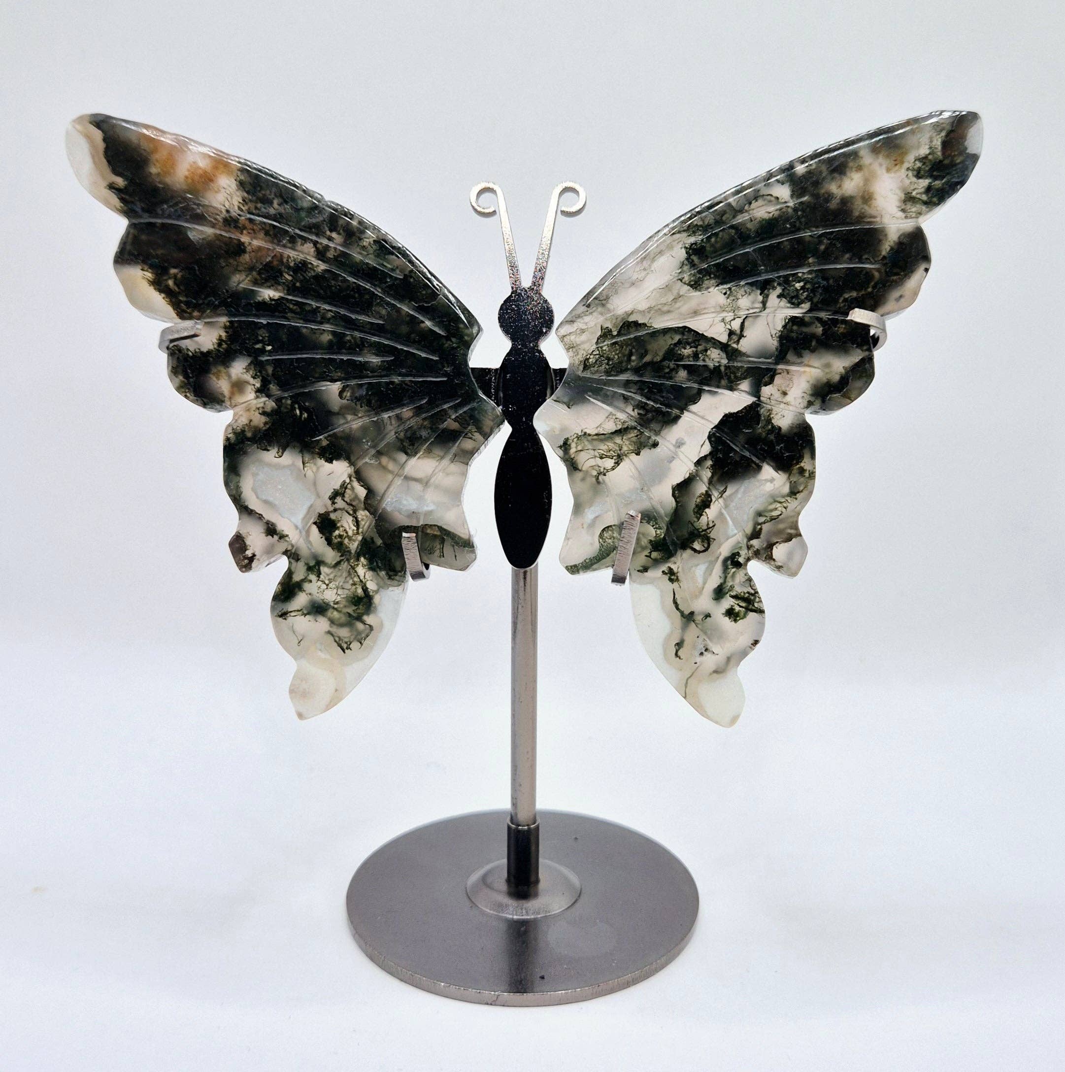 Moonlight Gemstones - Wholesale Decorative Tabletop Object - Moss Agate Crystal Carving with Metal Stand3